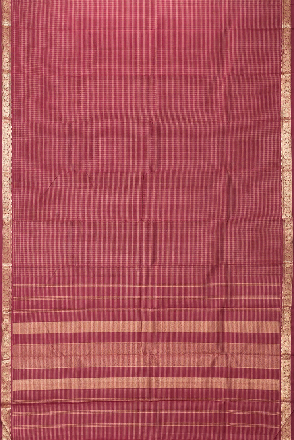 Flat view of Maroon Dual Tone Kanchipuram Silk Saree with Checked design on the body and Zari Border. 