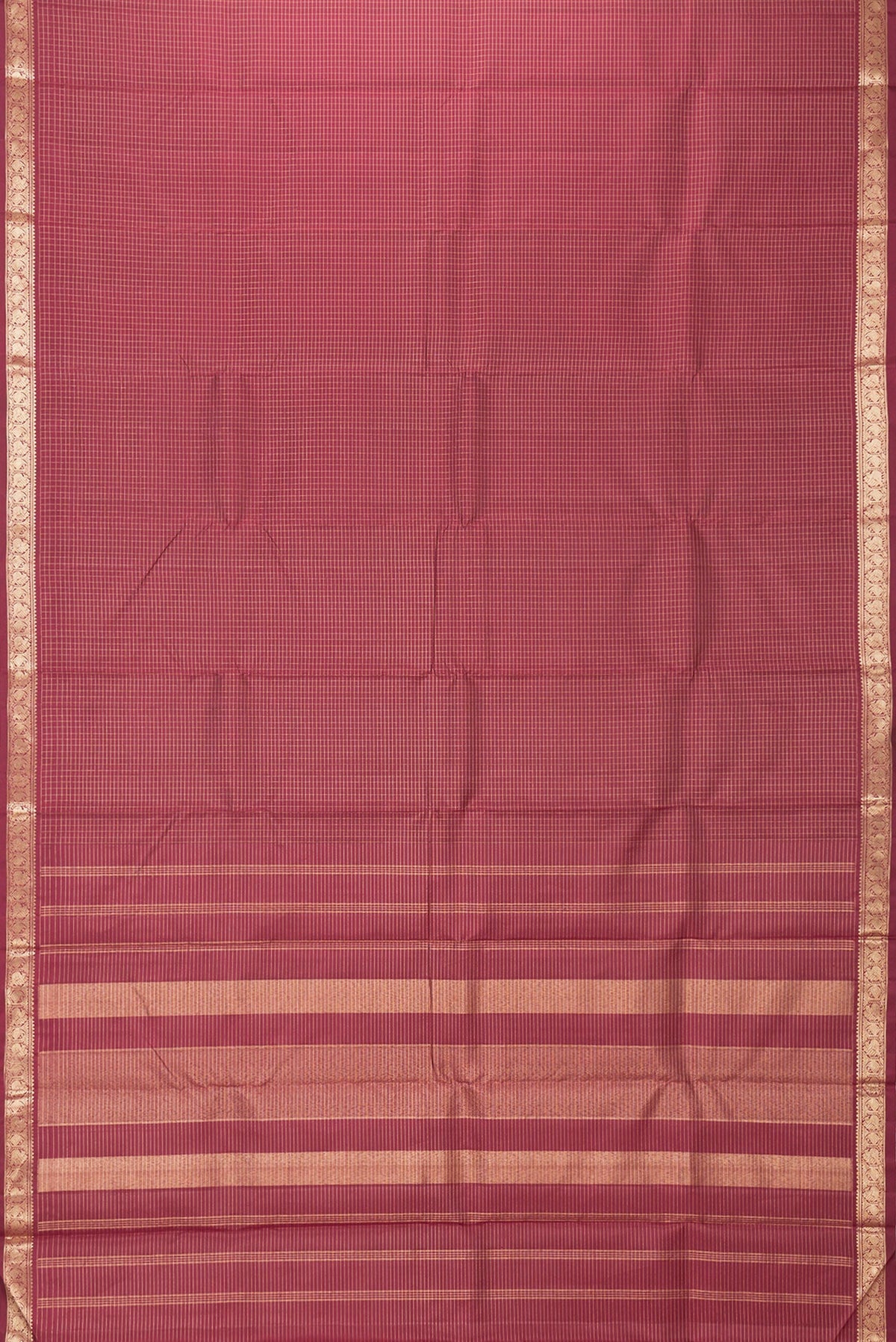 Flat view of Maroon Dual Tone Kanchipuram Silk Saree with Checked design on the body and Zari Border. 