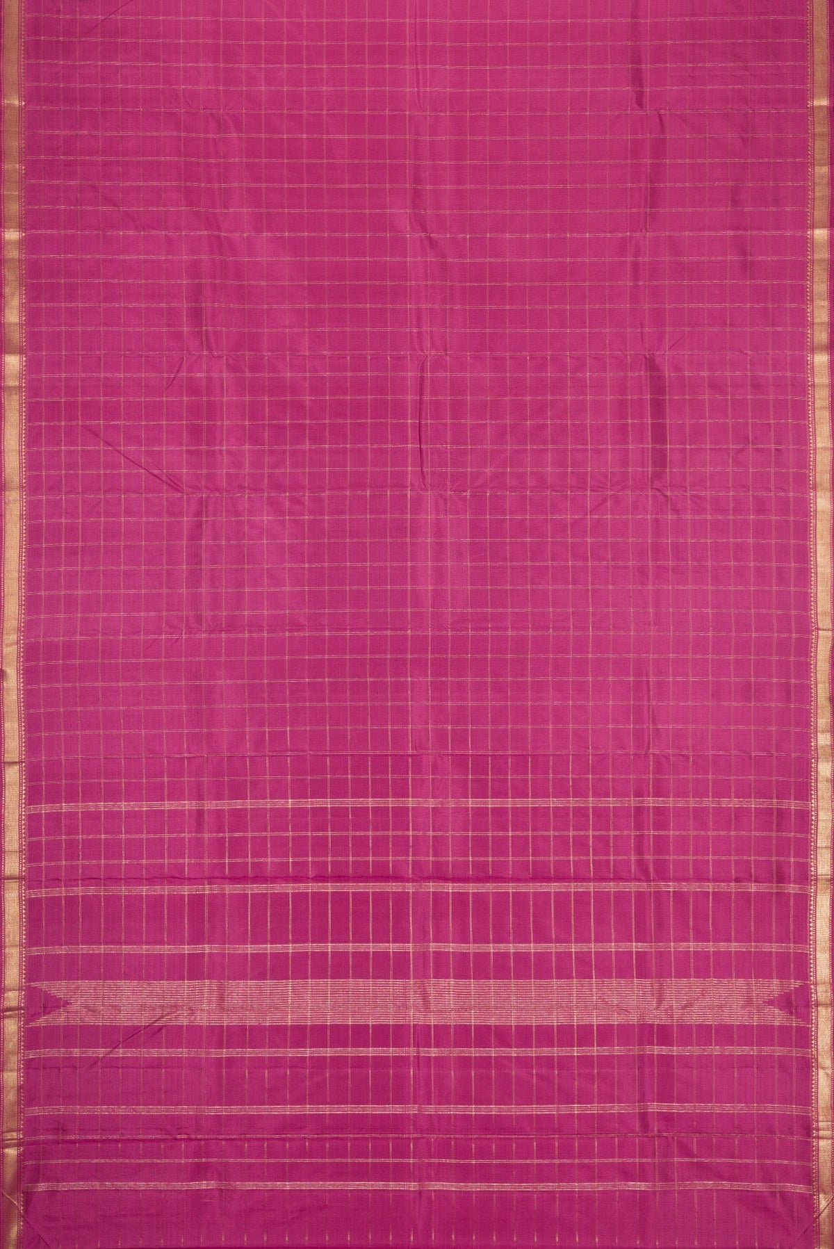 Flat view of Pink Dual Tone Kanchipuram Silk Saree with Checked design on the body and Zari Border. 