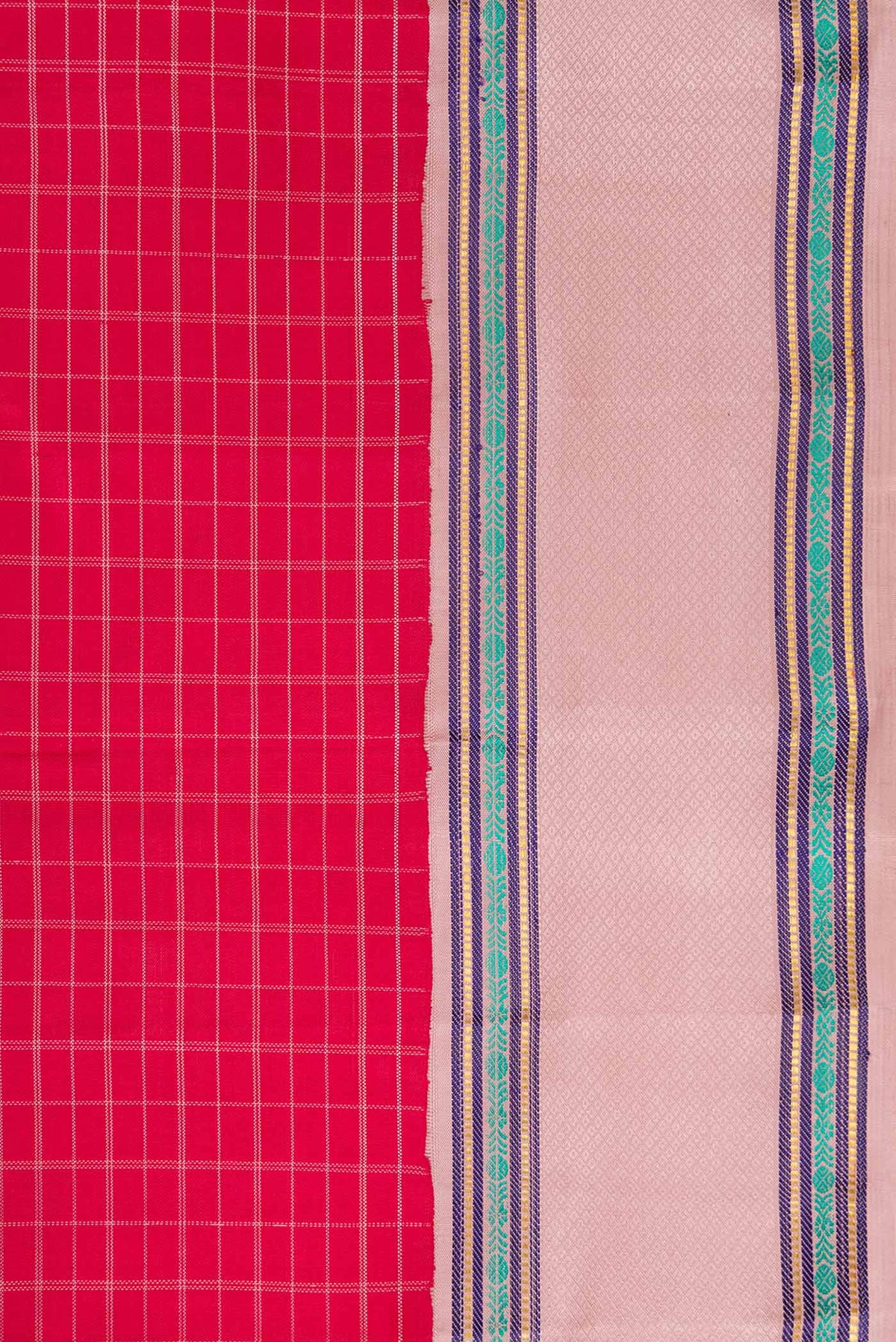 Border image of Pure Silk Pure Zari Maroon Dual Tone Kanjivaram Saree with Checked design on the body and Zari And Thread Border. 