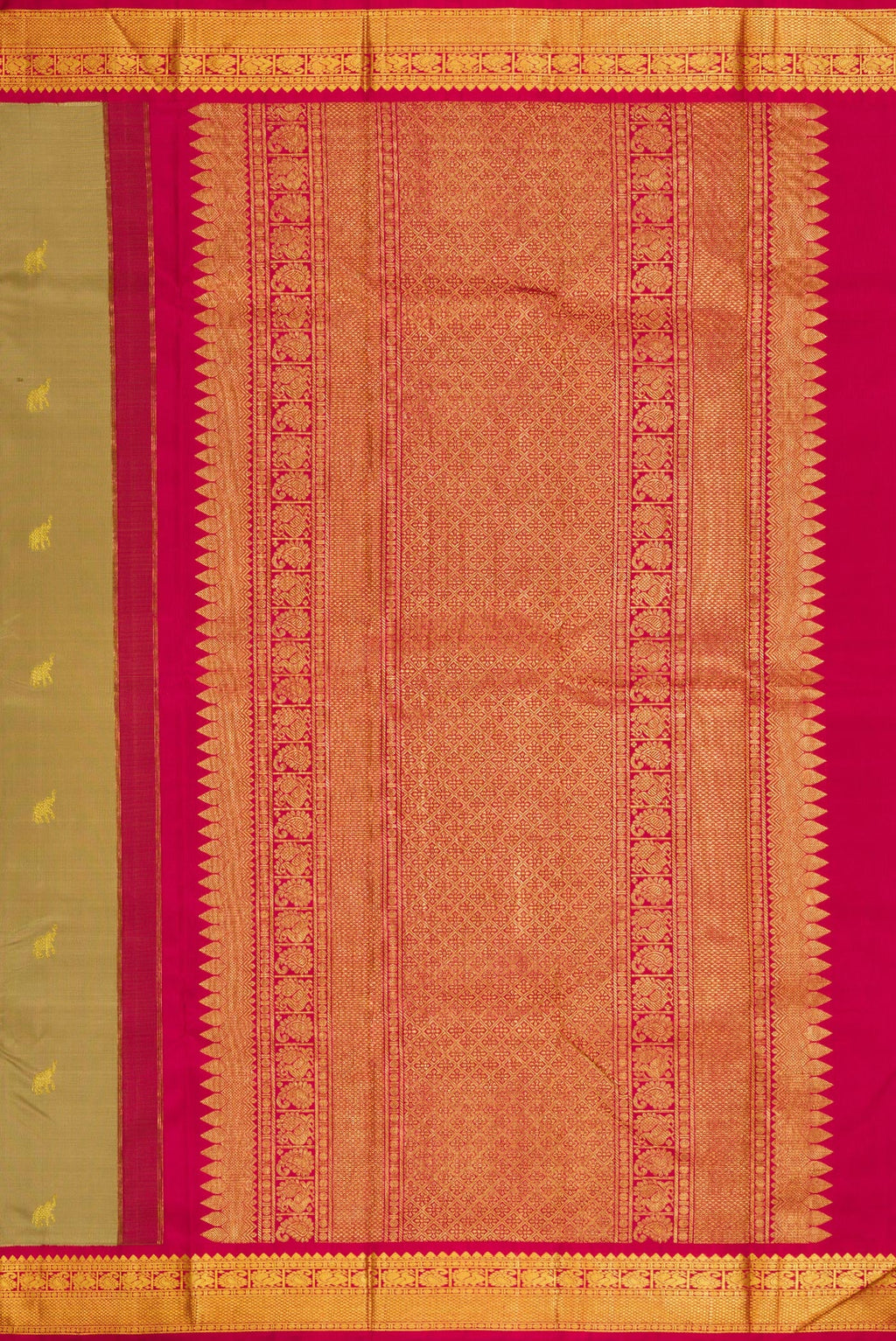 Close up image of the pallu of Dark Beige Dual Tone Kanjivaram Silk Saree with Zari Butta on the body and Zari Border. 