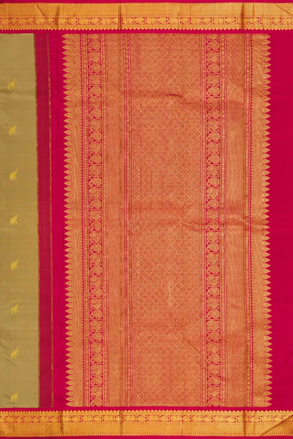 Close up image of the pallu of Dark Beige Dual Tone Kanjivaram Silk Saree with Zari Butta on the body and Zari Border. 