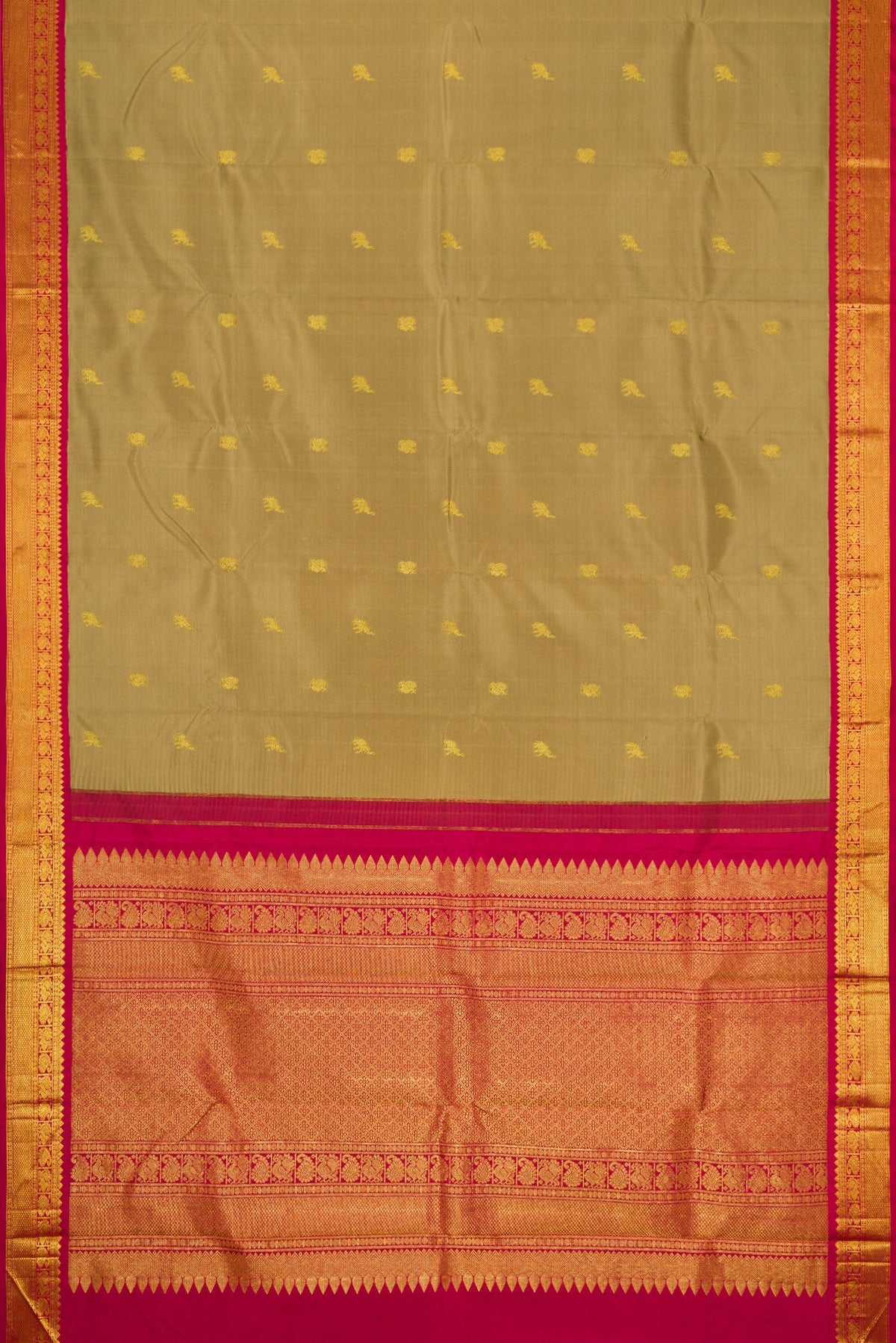 Flat view of Dark Beige Dual Tone Kanjivaram Silk Saree with Zari Butta on the body and Zari Border. 