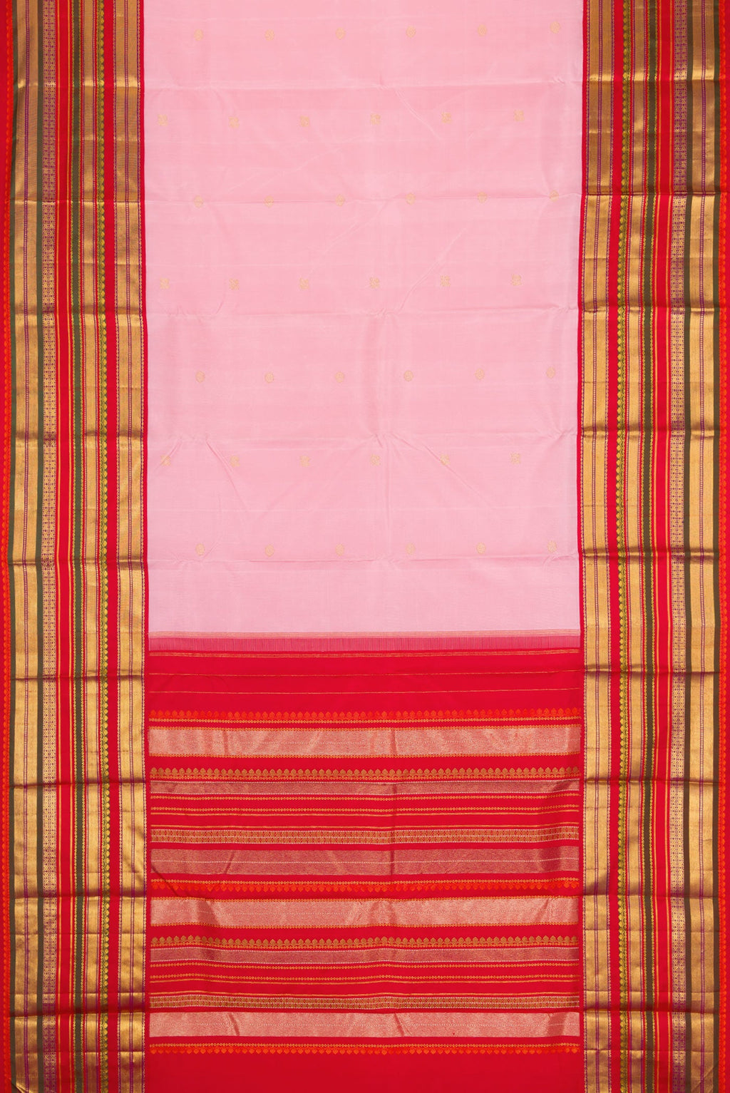 Flat view of Pink Dual Tone Kanjivaram Silk Saree with Zari Butta on the body and Zari Border. 