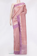 Rose Gold Dual Tone Tussar Silk Saree with Stripes on the body and Zari Border.  displayed on a mannequin