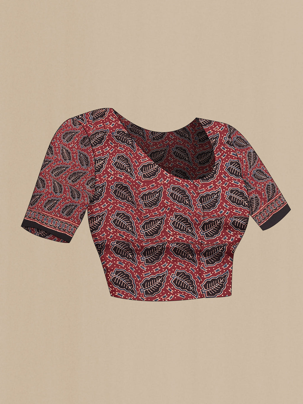 Close up image of the blouse of Maroon Dual Tone Blended Crepe Saree with Ajrakh Print on the body and Fancy Border. 