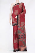Maroon Dual Tone Blended Crepe Saree with Ajrakh Print on the body and Fancy Border.  displayed on a mannequin