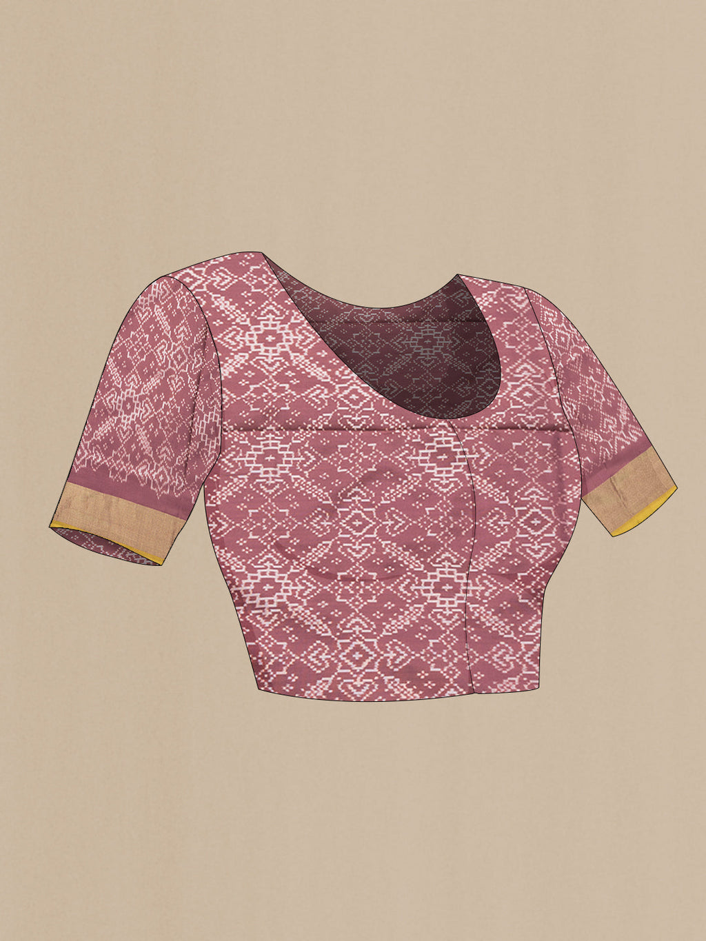 Close up image of the blouse of Brown Dual Tone Double Ikat Saree with Ikat Print on the body and Zari Border. 