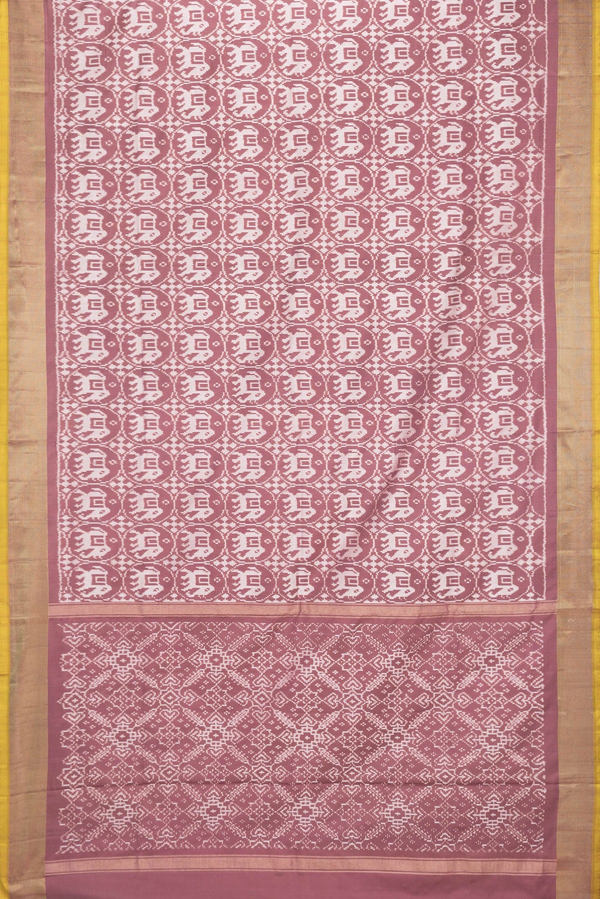Flat view of Brown Dual Tone Double Ikat Saree with Ikat Print on the body and Zari Border. 