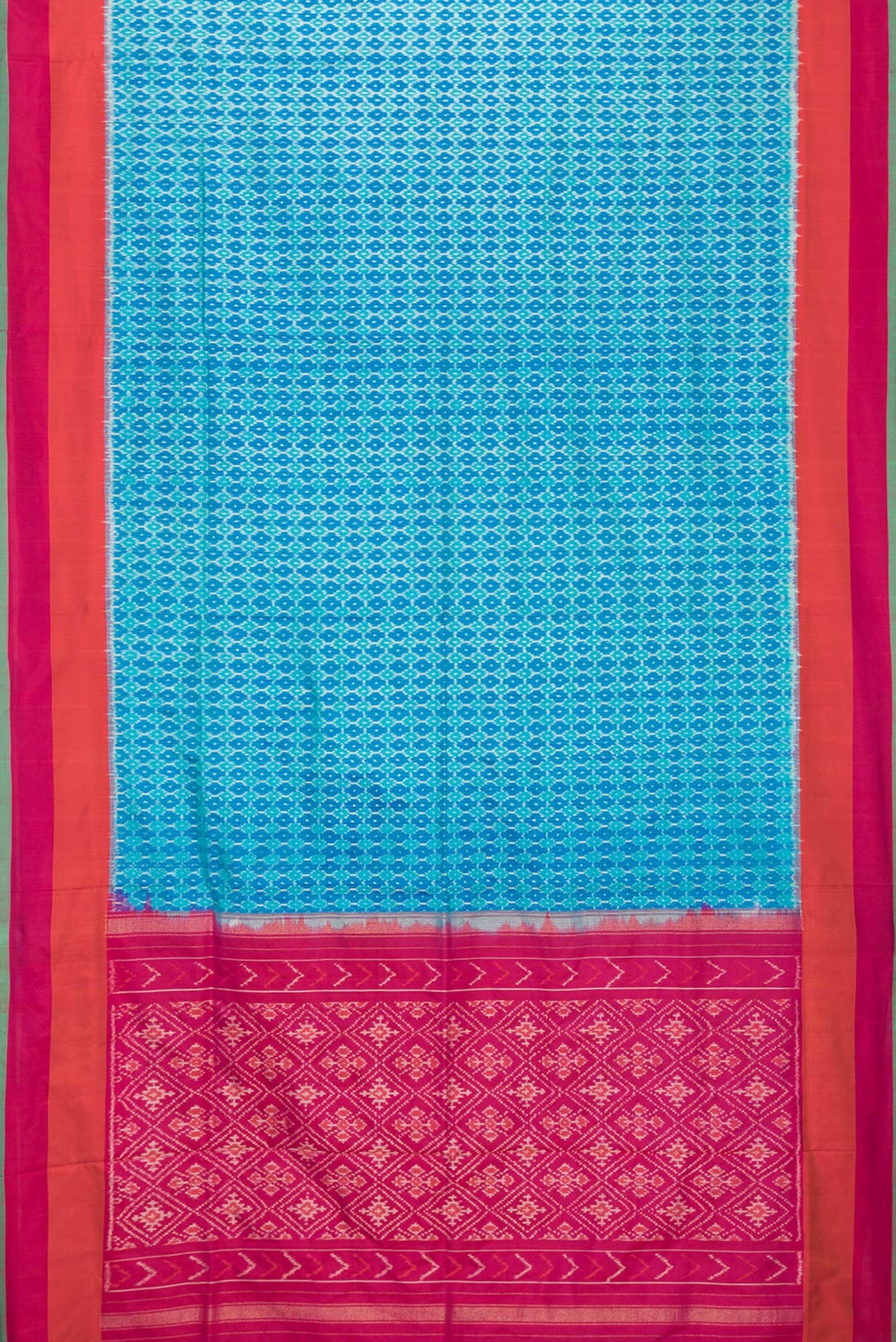 Flat view of Sky Blue Dual Tone Double Ikat Saree with Ikat Print on the body and Plain Border. 