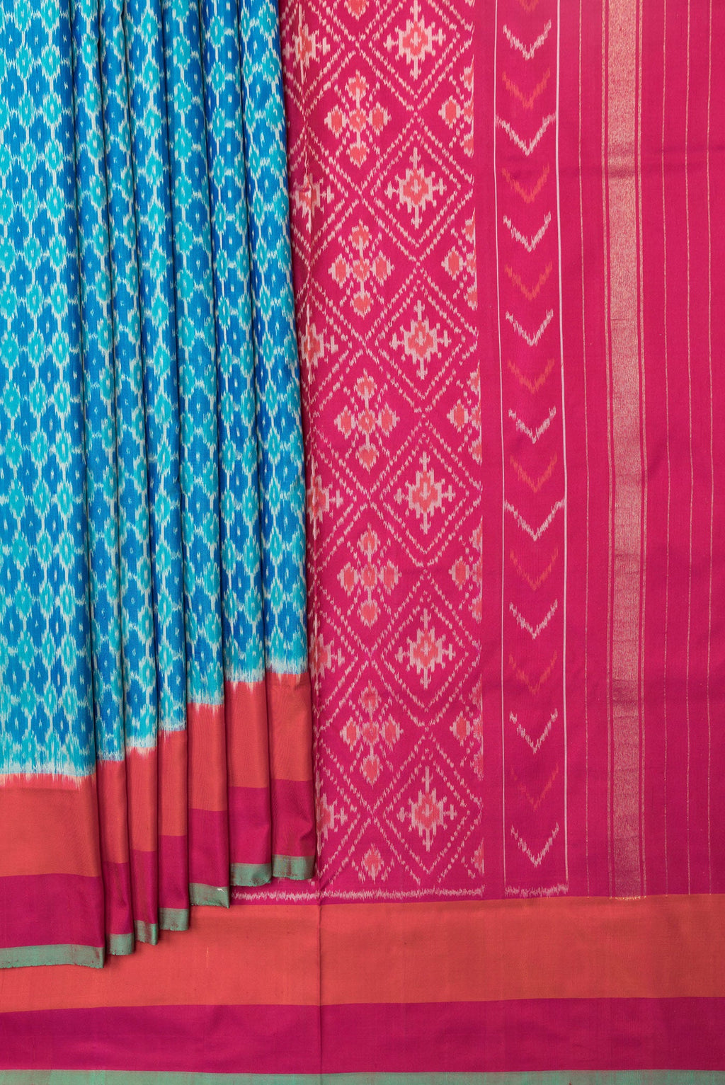 Pleats and pallu of Sky Blue Dual Tone Double Ikat Saree with Ikat Print on the body and Plain Border. 