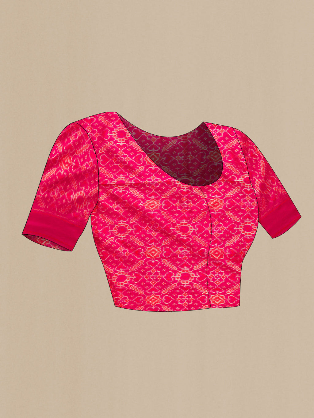 Close up image of the blouse of Pink Dual Tone Double Ikat Saree with Ikat Print on the body and Plain Border. 
