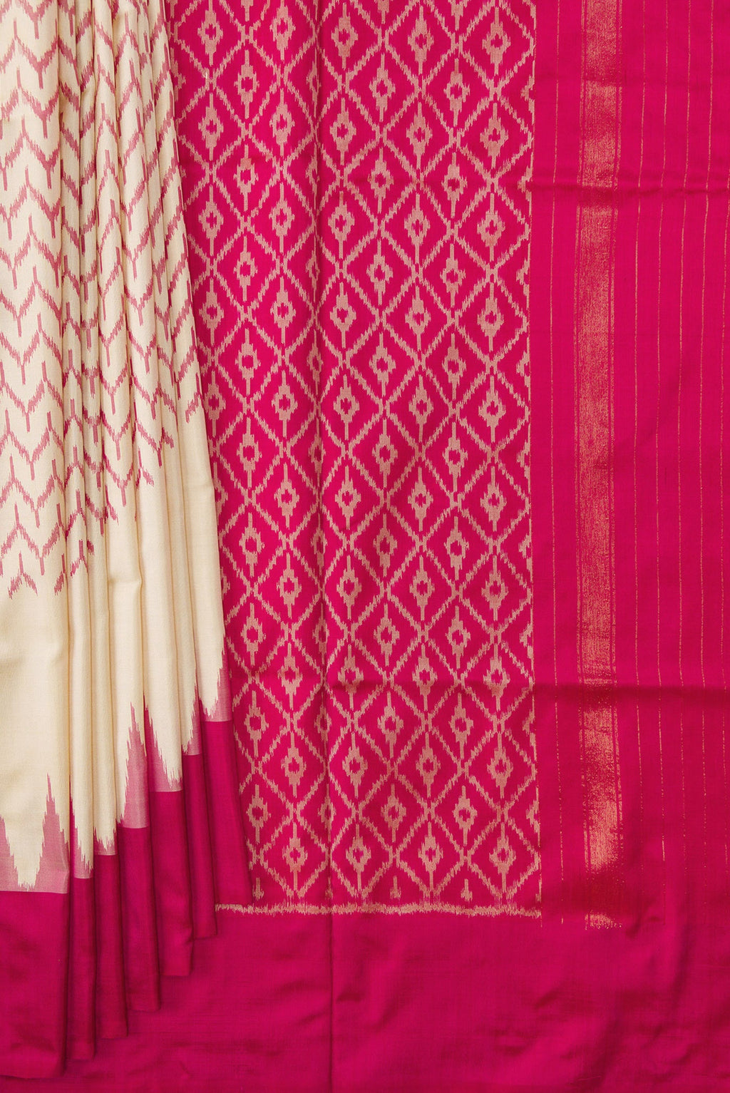 Pleats and pallu of Off White Dual Tone Double Ikat Saree with Ikat Print on the body and Temple Border. 