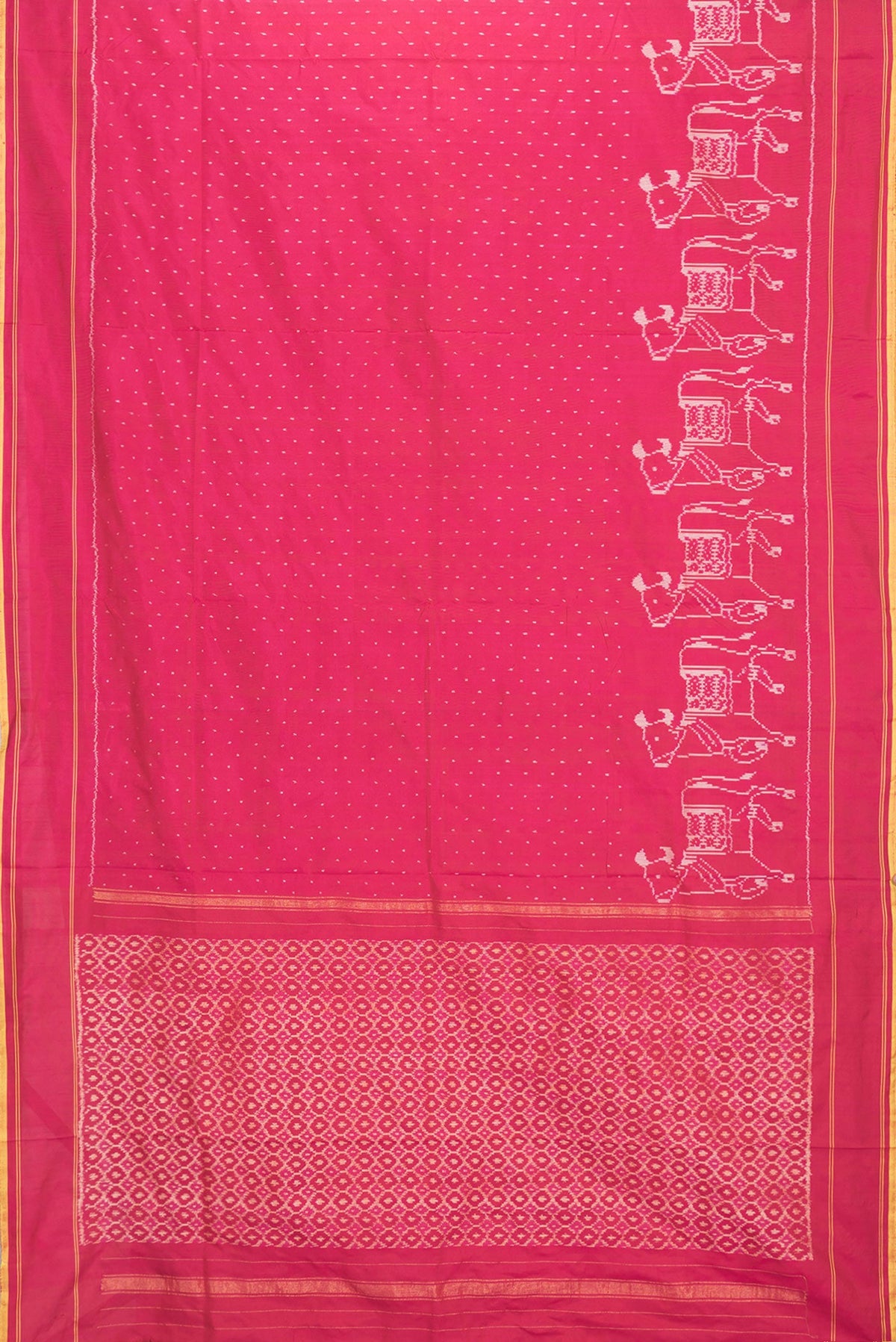 Flat view of Maroon Dual Tone Double Ikat Saree with Ikat Print on the body and Plain Border. 