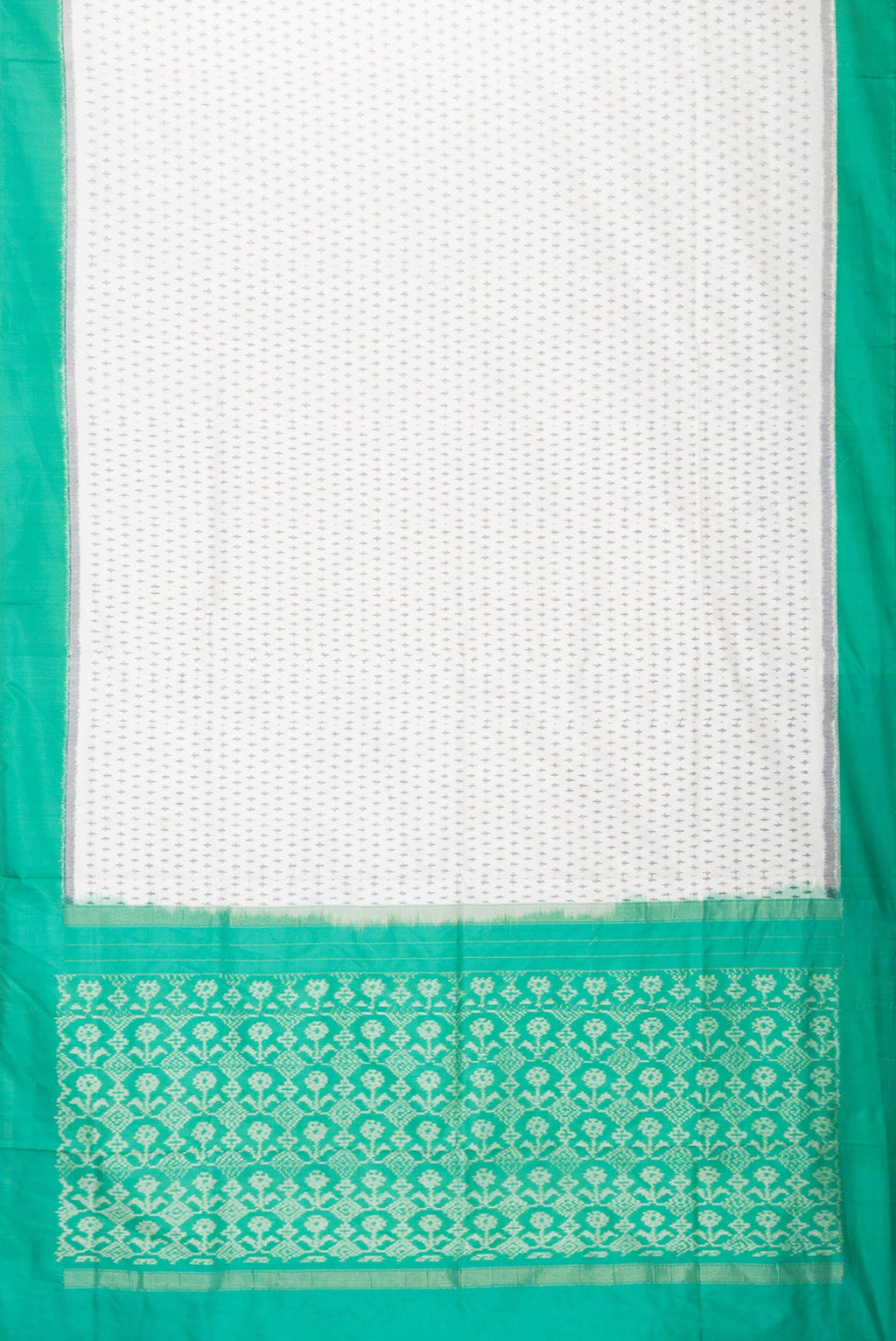 Flat view of Off White Dual Tone Double Ikat Saree with Ikat Print on the body and Plain Border. 