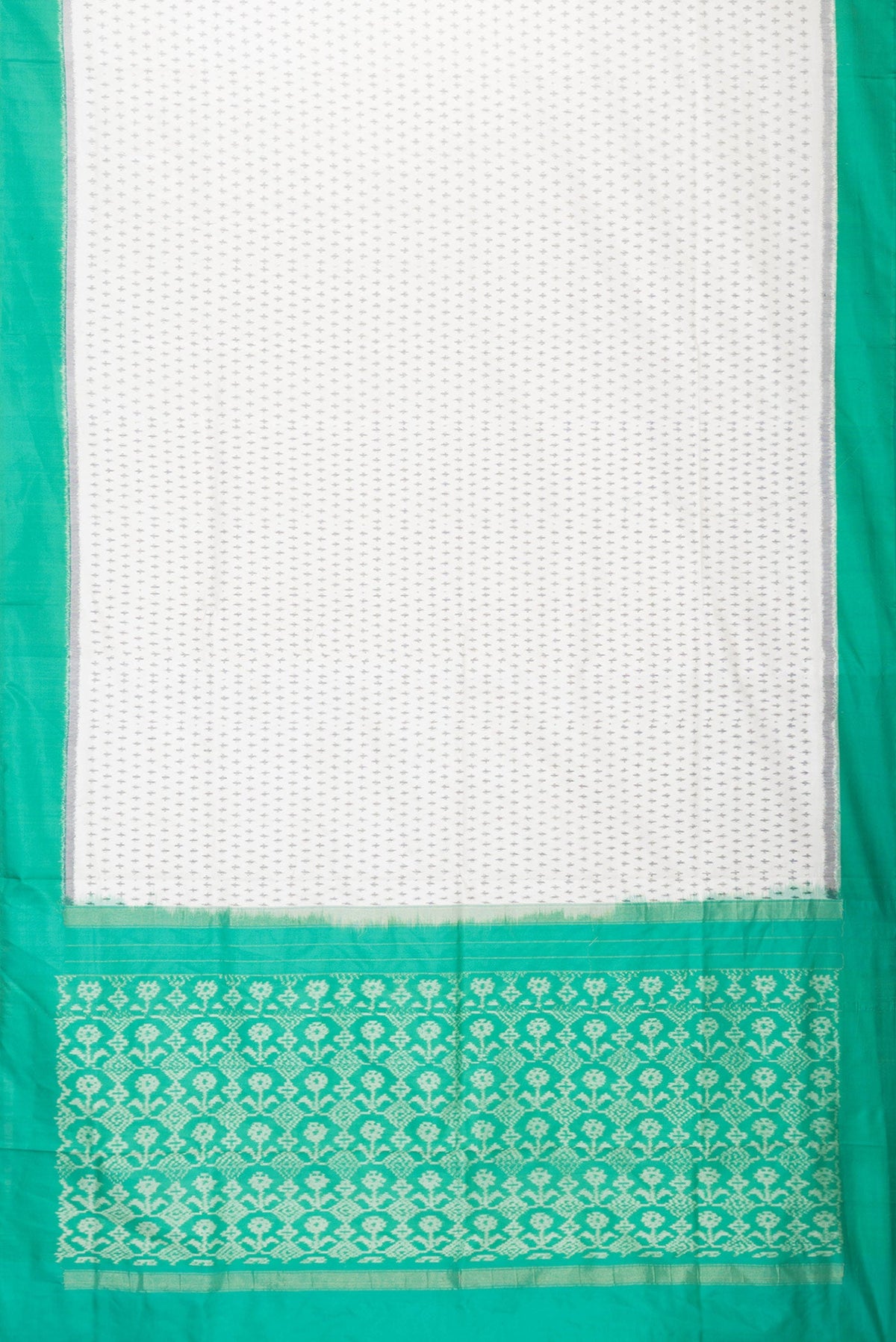 Flat view of Off White Dual Tone Double Ikat Saree with Ikat Print on the body and Plain Border. 
