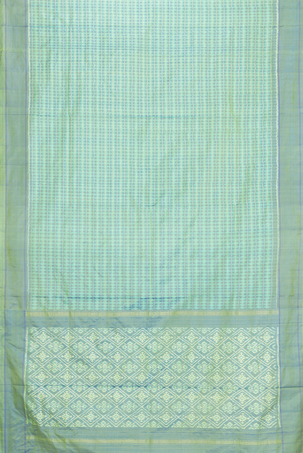Flat view of Green Dual Tone Double Ikat Saree with Ikat Print on the body and Plain Border. 