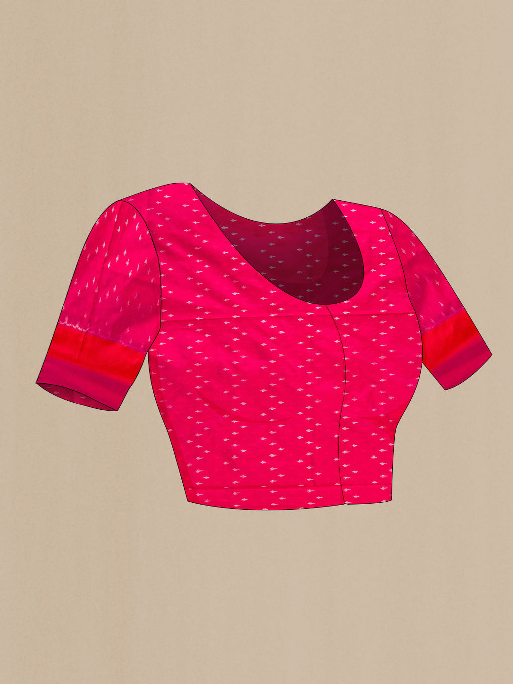 Close up image of the blouse of Sandal Dual Tone Double Ikat Saree with Ikat Print on the body and Plain Border. 