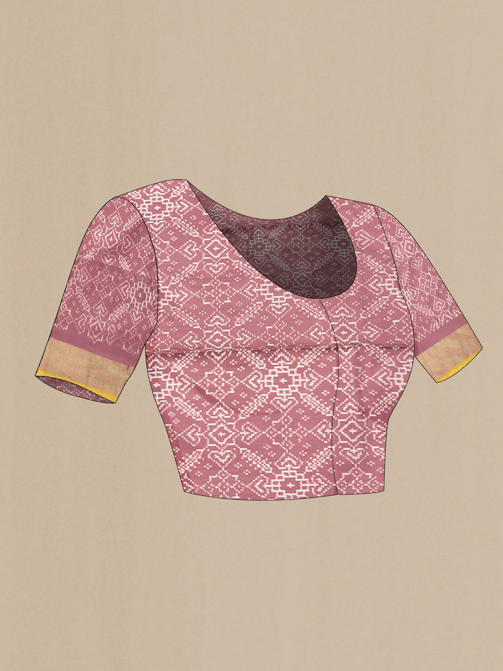 Close up image of the blouse of Brown Dual Tone Double Ikat Saree with Ikat Print on the body and Zari Border. 
