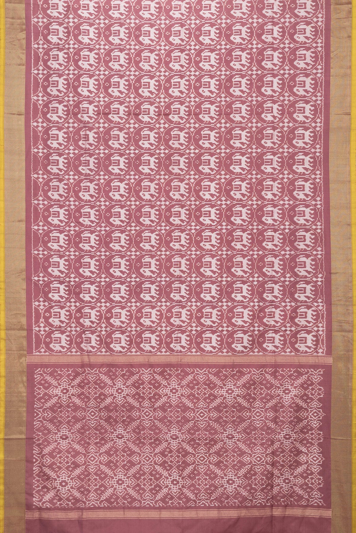 Flat view of Brown Dual Tone Double Ikat Saree with Ikat Print on the body and Zari Border. 