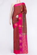 Maroon Dual Tone Soft Silk Saree with Zari Butta on the body and Zari Border.  displayed on a mannequin