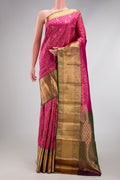 Dark Pink Kanchipuram Silk Saree with Zari Brocade on the body and Zari Border.  displayed on a mannequin
