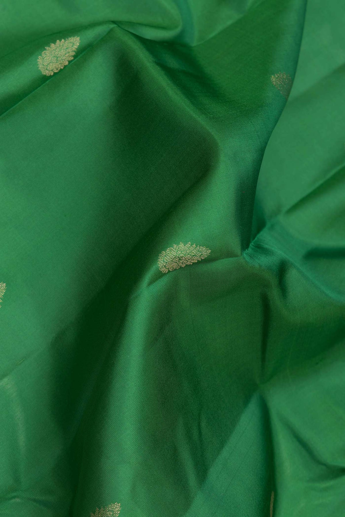 Close up of Green Dual Tone Kanchipuram Silk Saree with Zari Butta on the body and Zari Border.  displaying folds
