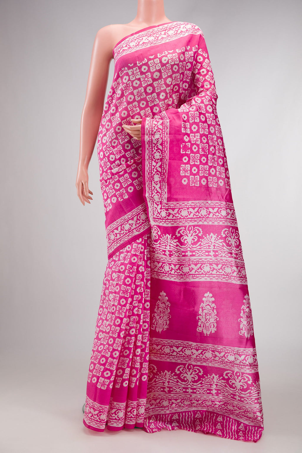Pink Dual Tone Tussar Silk Saree with Printed design on the body and Printed Border.  displayed on a mannequin