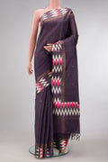 Violet Dual Tone Tussar Silk Saree with Zari Butta on the body and Ikat Border.  displayed on a mannequin