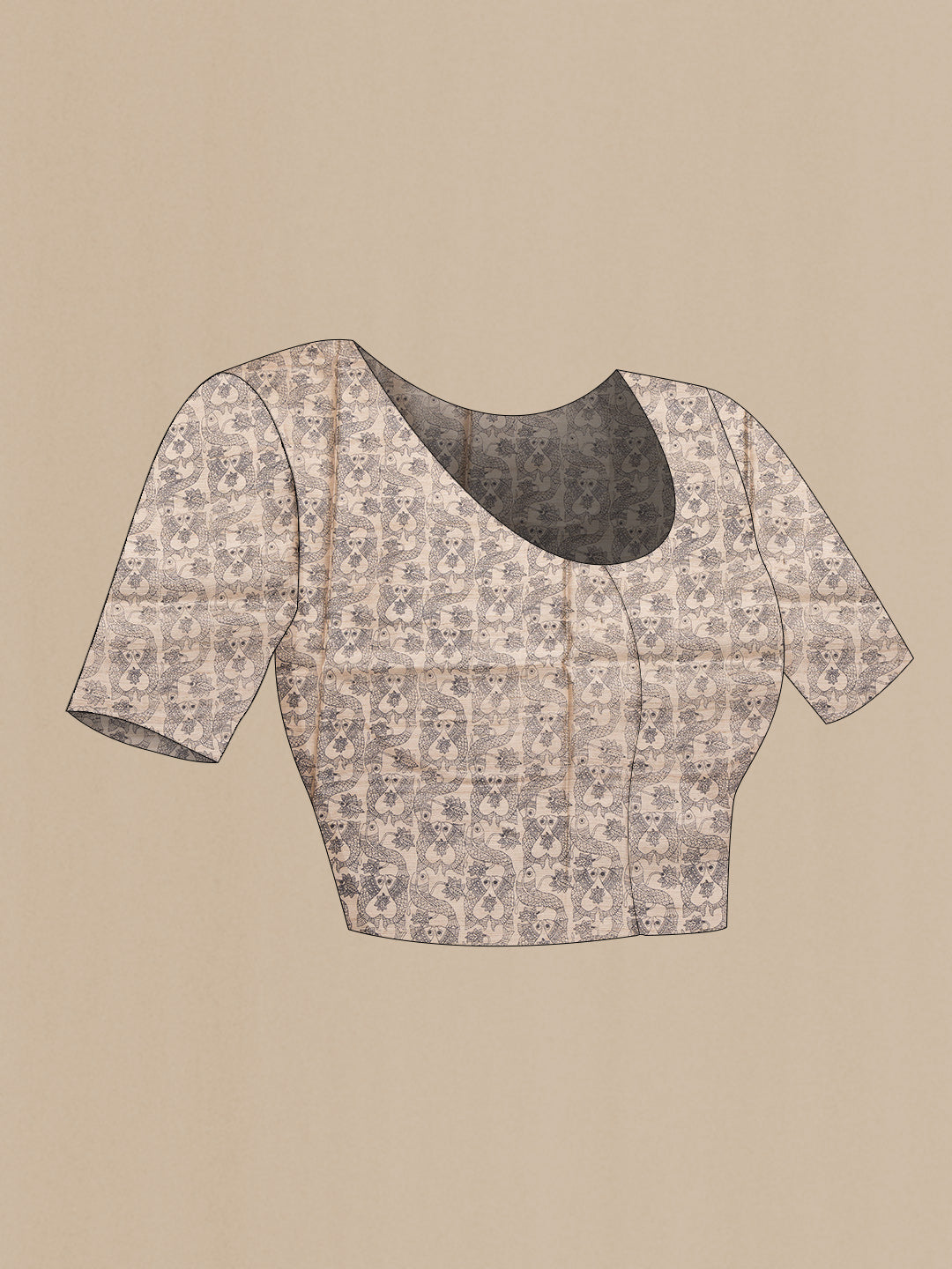 Close up image of the blouse of Beige Dual Tone Tussar Silk Saree with Printed design on the body and Printed Border. 