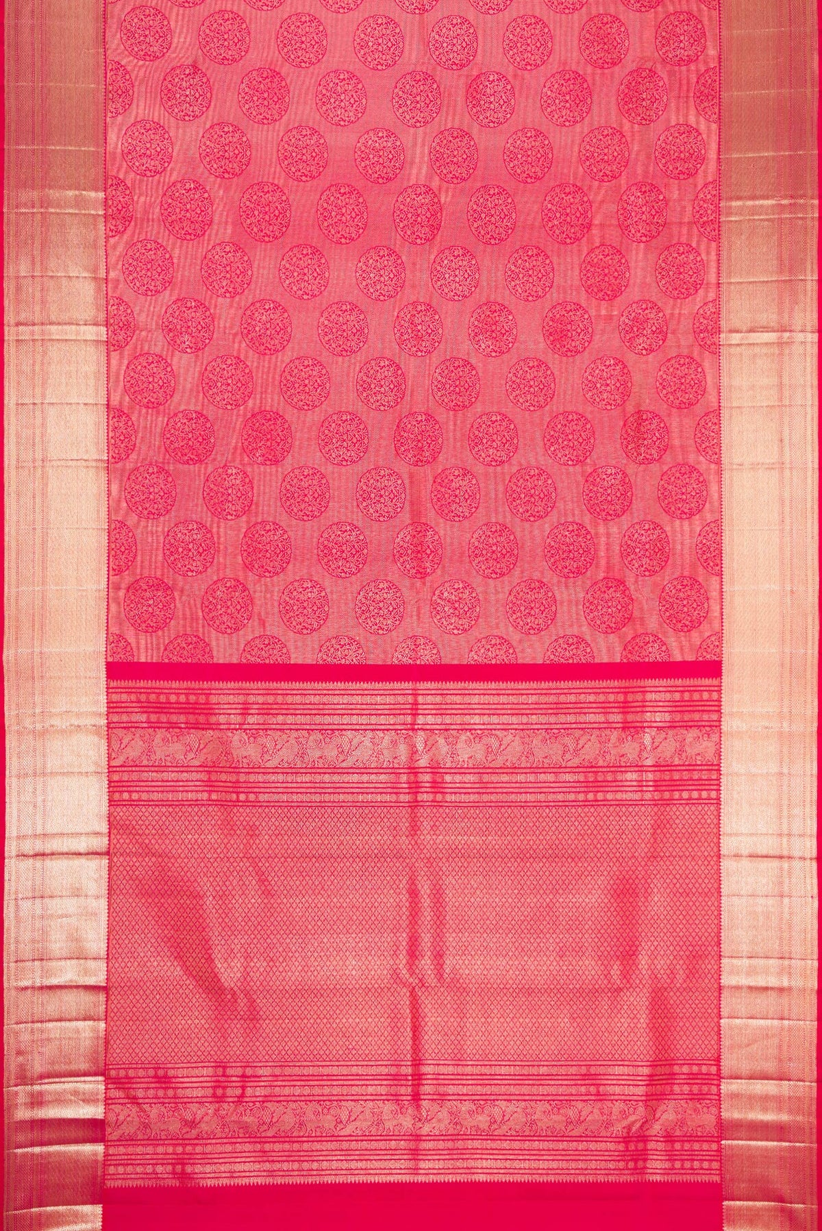 Flat view of Pink Dual Tone Kanchipuram Silk Saree with Zari Butta on the body and Zari Border. 