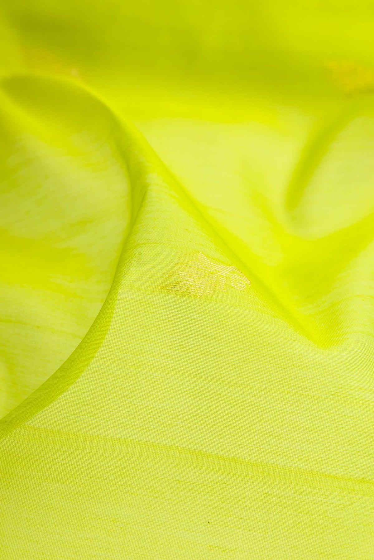 Close up of Parrot Green Silk Cotton Saree with Zari Butta on the body and Fancy Border.  displaying folds