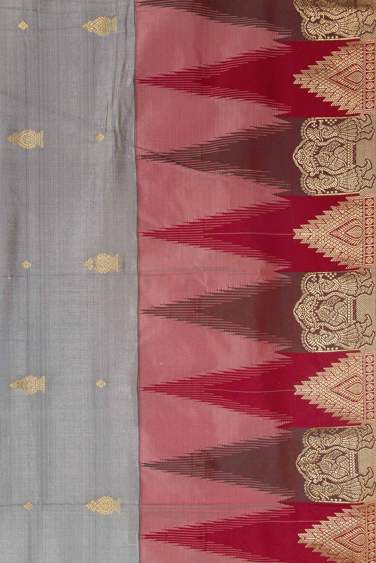 Border image of Grey Dual Tone Kanchipuram Silk Saree with Zari Butta on the body and Temple Border. 