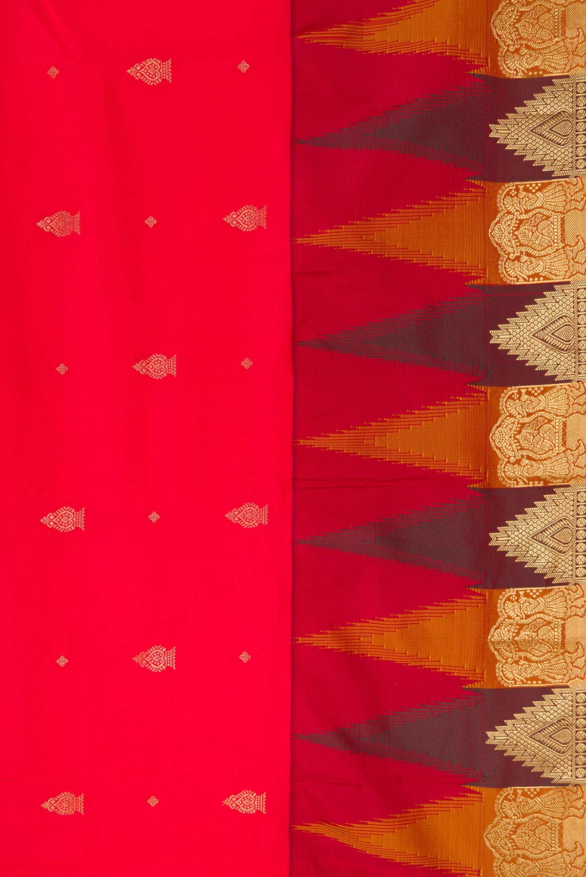 Border image of Red Dual Tone Kanchipuram Silk Saree with Zari Butta on the body and Temple Border. 
