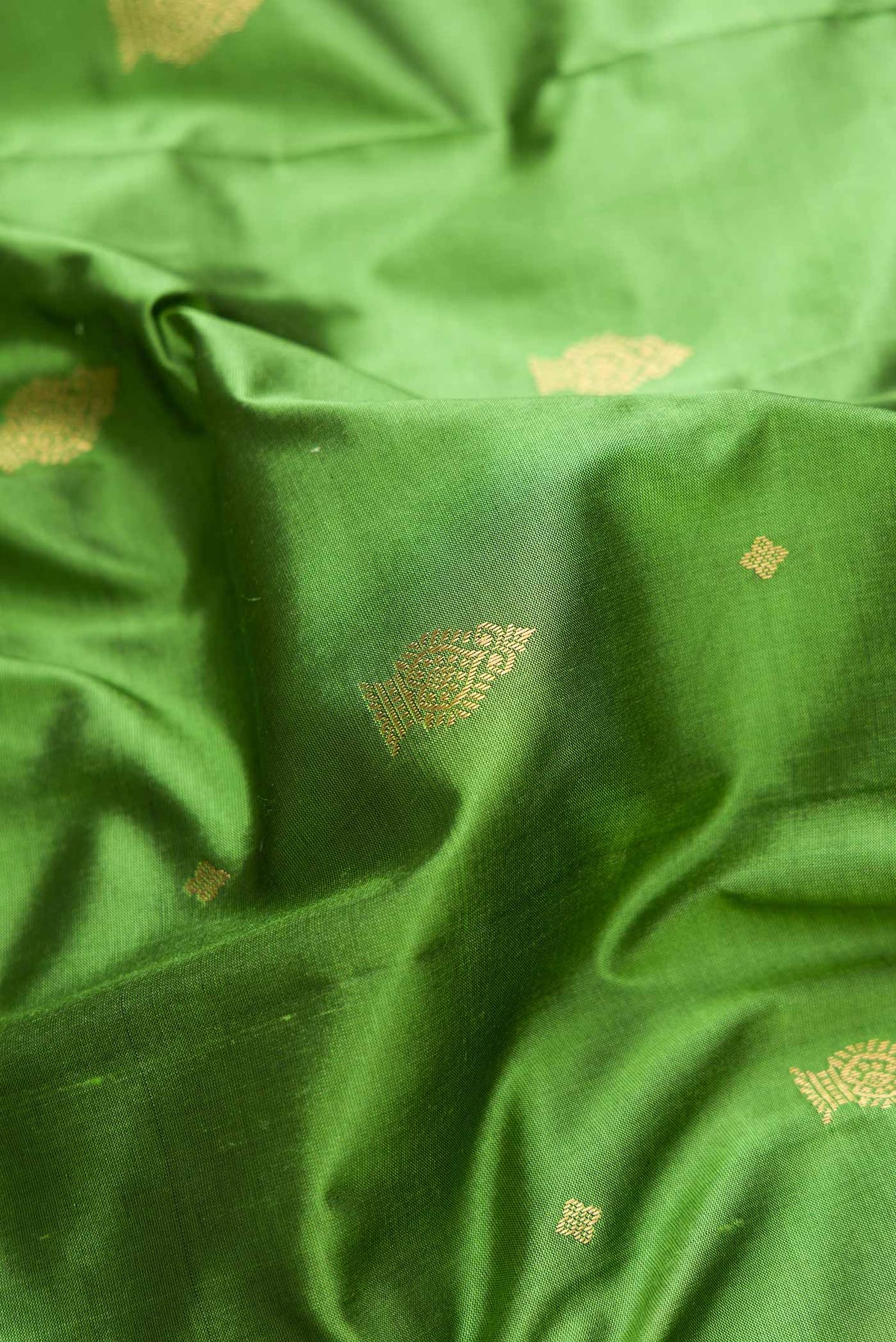 Close up of Green Dual Tone Kanchipuram Silk Saree with Zari Butta on the body and Temple Border.  displaying folds