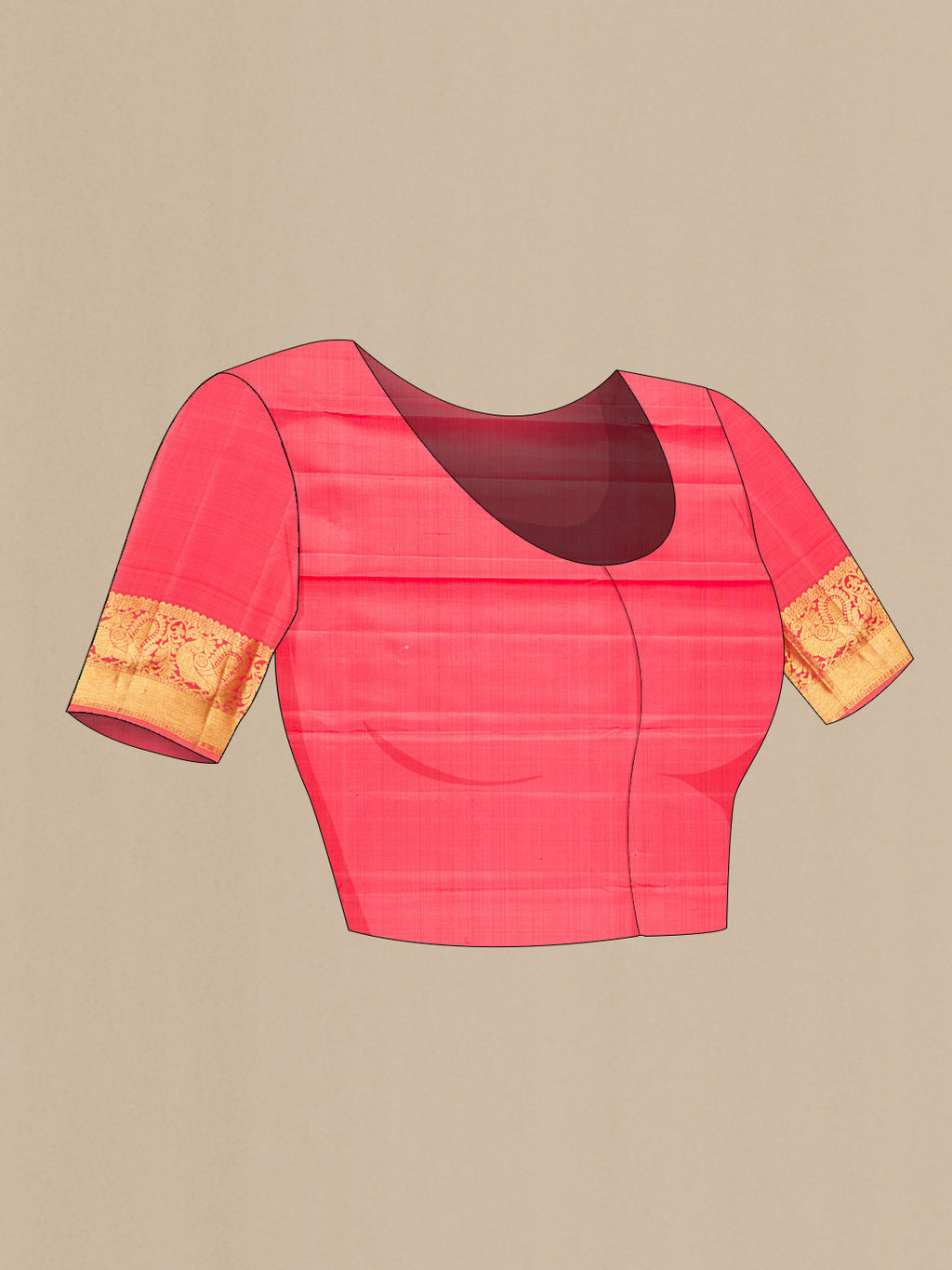 Close up image of the blouse of Pink Kanjivaram Silk Saree with Zari Butta on the body and Zari Border. 