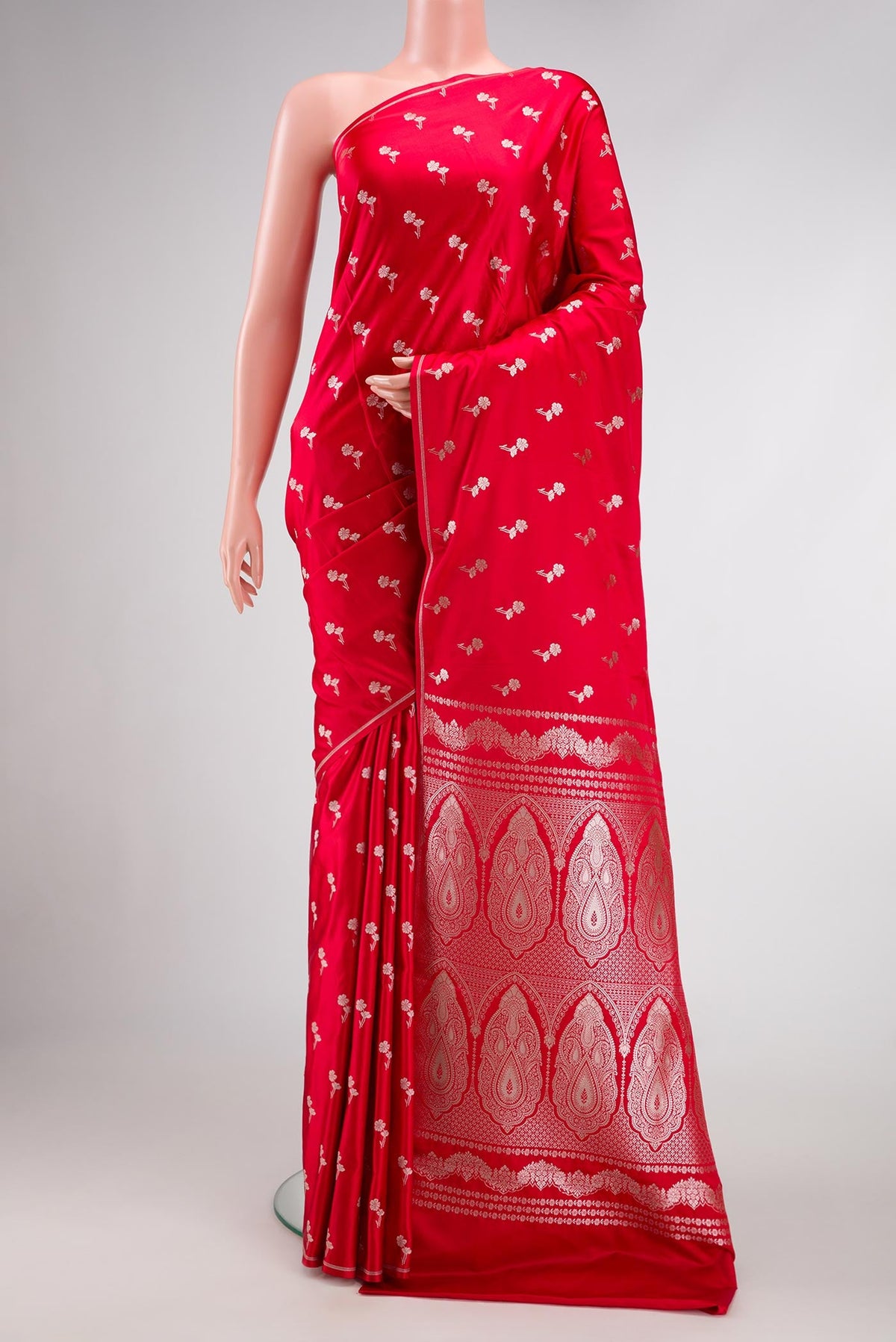 Red Dual Tone Blended Banarasi Silk Saree with Zari Butta on the body and Zari Border.  displayed on a mannequin