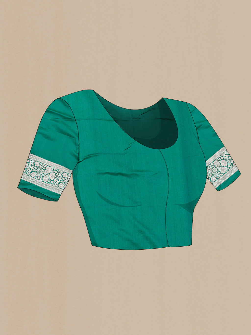 Close up image of the blouse of Green Dual Tone Blended Banarasi Silk Saree with Zari Butta on the body and Zari Border. 