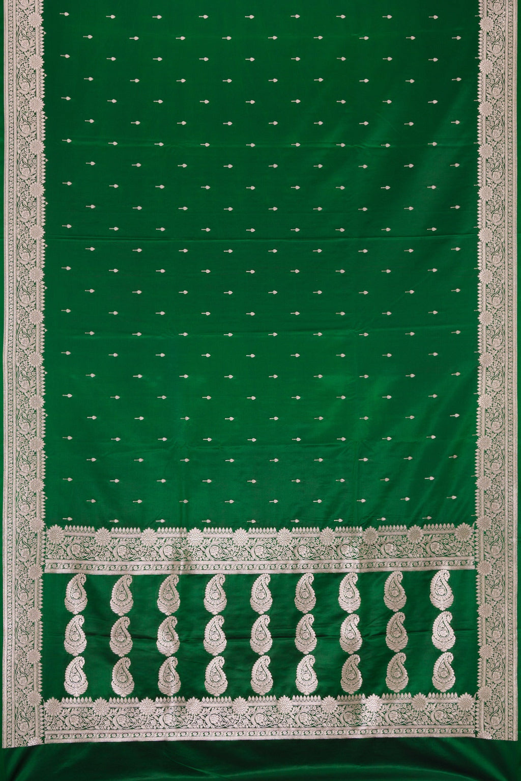 Flat view of Bottle Green Dual Tone Banarasi Silk Saree with Zari Butta on the body and Zari Border. 