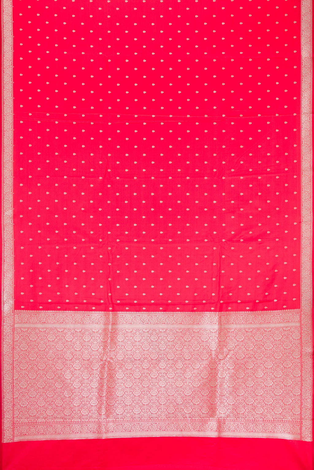 Flat view of Dark Pink Dual Tone Banarasi Silk Saree with Zari Butta on the body and Fancy Border. 
