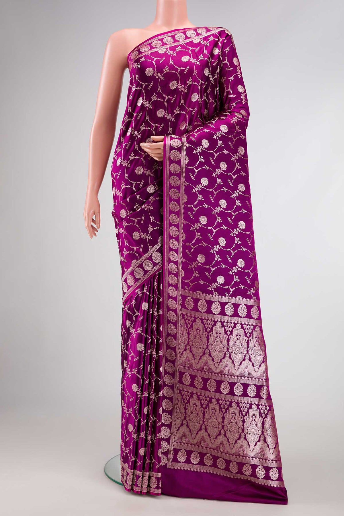 Purple Dual Tone Blended Banarasi Silk Saree with Zari Brocade on the body and Zari Border.  displayed on a mannequin