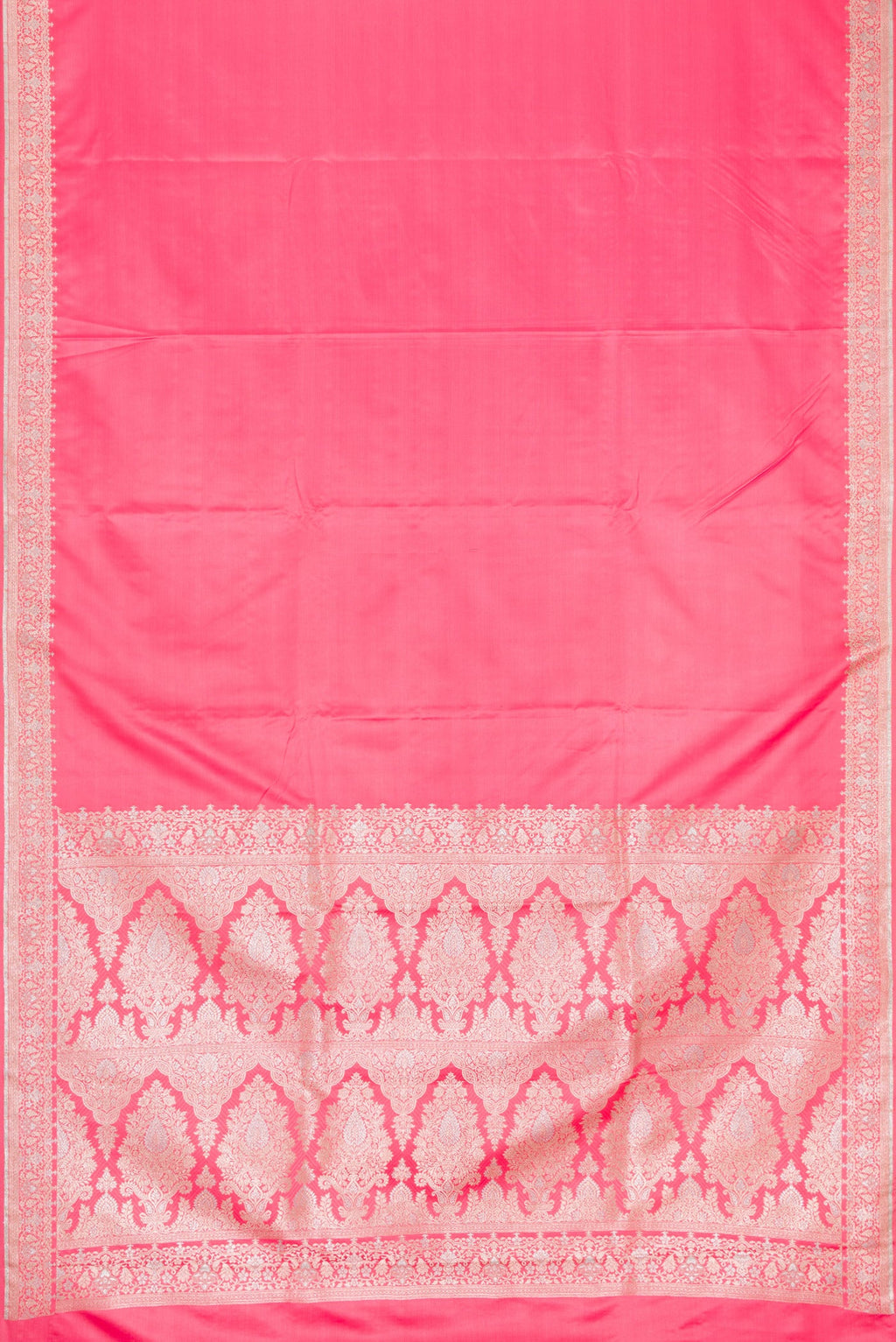 Pink Dual Tone Banarasi Silk Saree with Plain Body and Fancy Border.  displayed on a mannequin