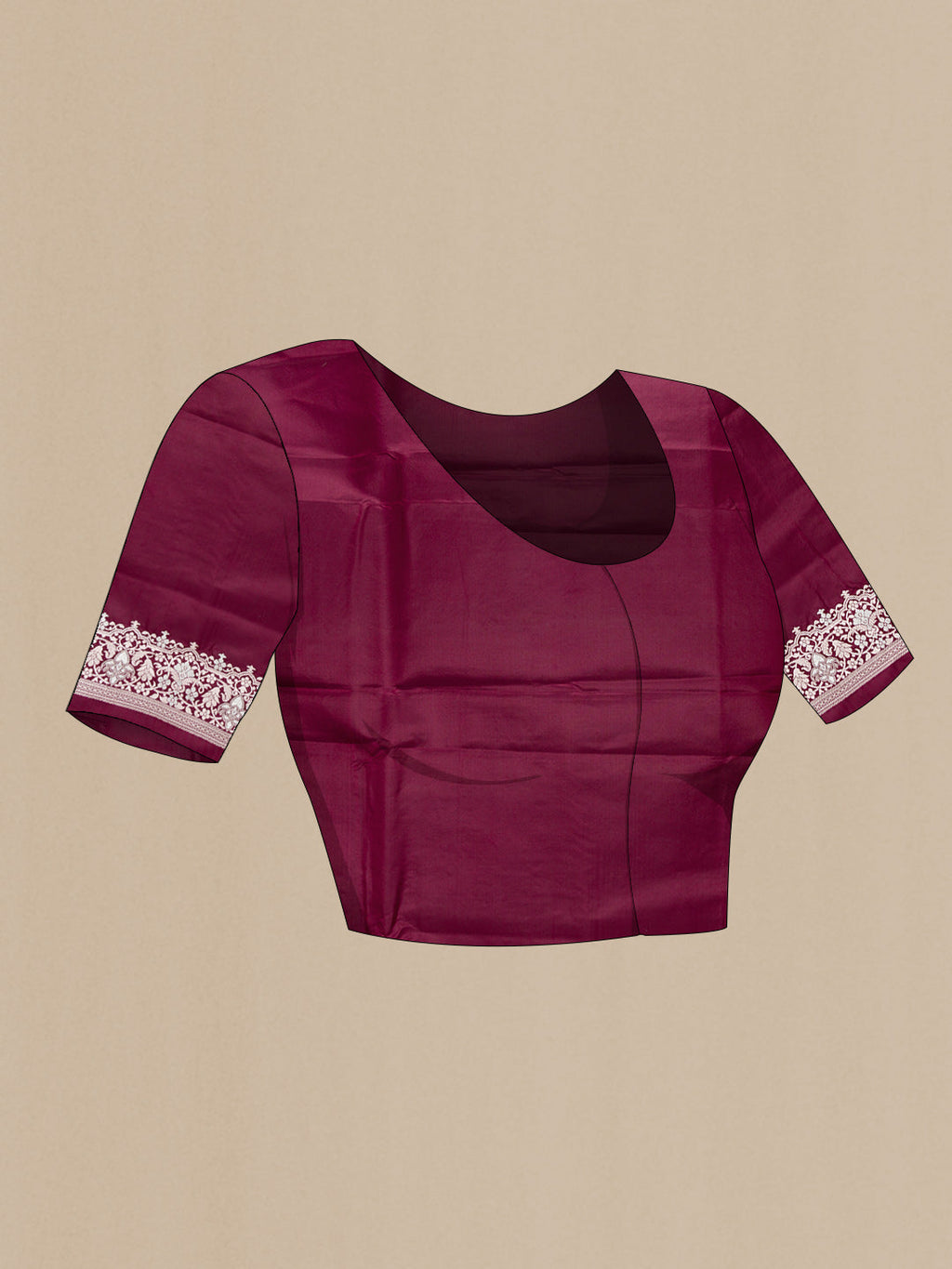 Close up image of the blouse of Burgundy Dual Tone Blended Banarasi Silk Saree with Plain Body and Fancy Border. 