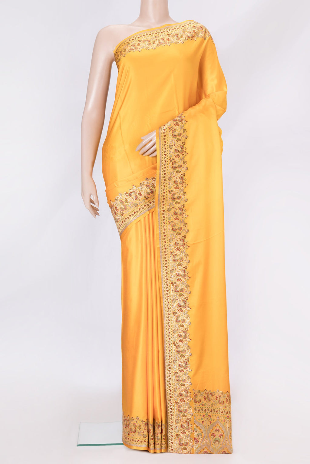 Yellow Dual Tone Blended Banarasi Silk Saree with Plain Body and Fancy Border.  displayed on a mannequin