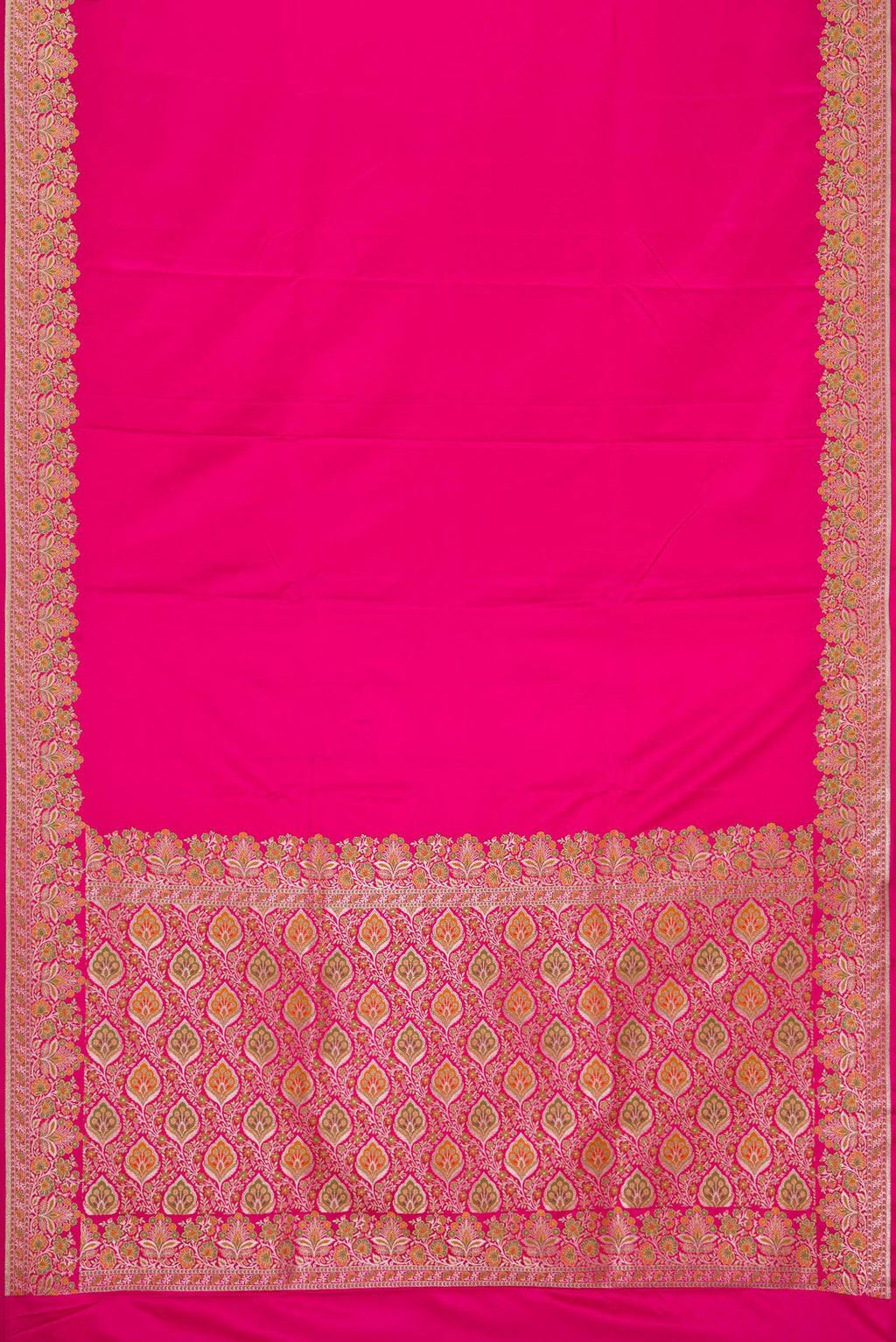 Pink Dual Tone Banarasi Silk Saree with Plain Body and Zari Border.  displayed on a mannequin