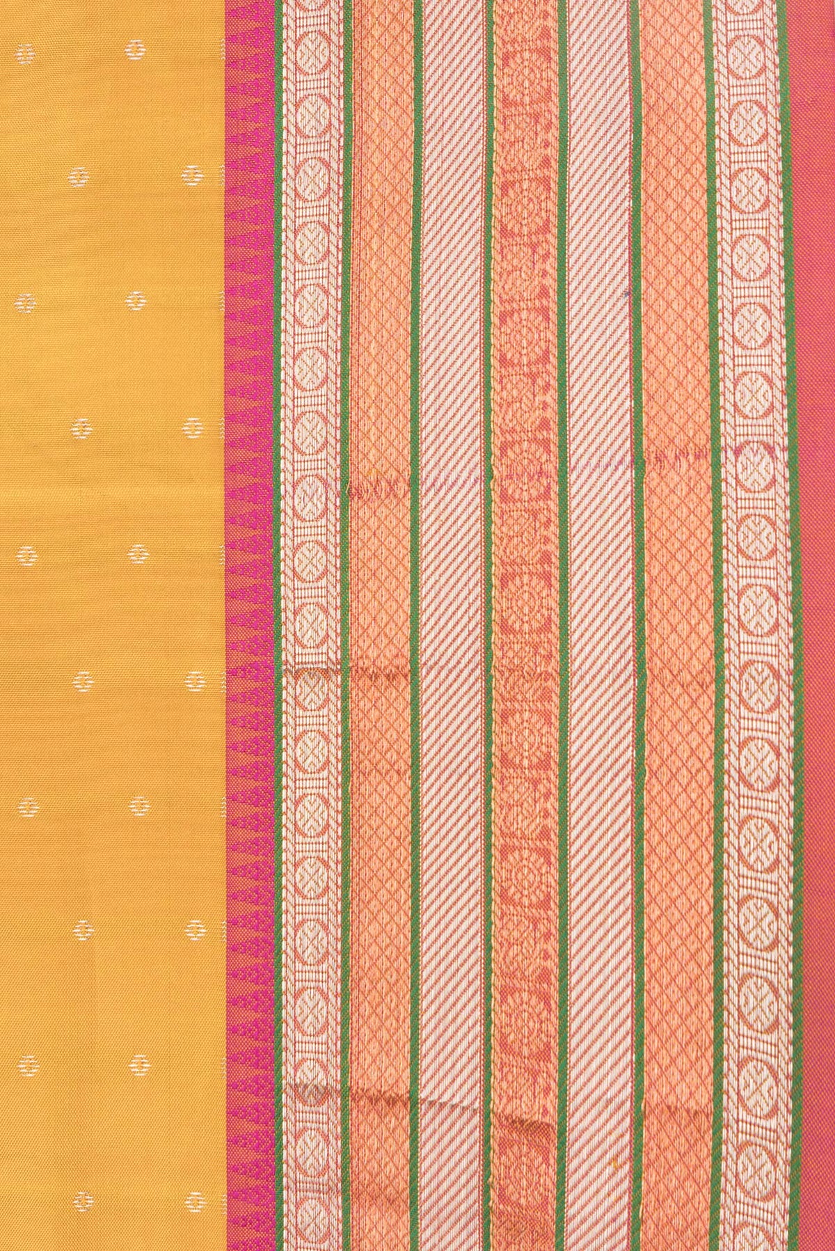 Border image of Mustard Dual Tone Kanchipuram Silk Saree with Zari Butta on the body and Zari Border. 