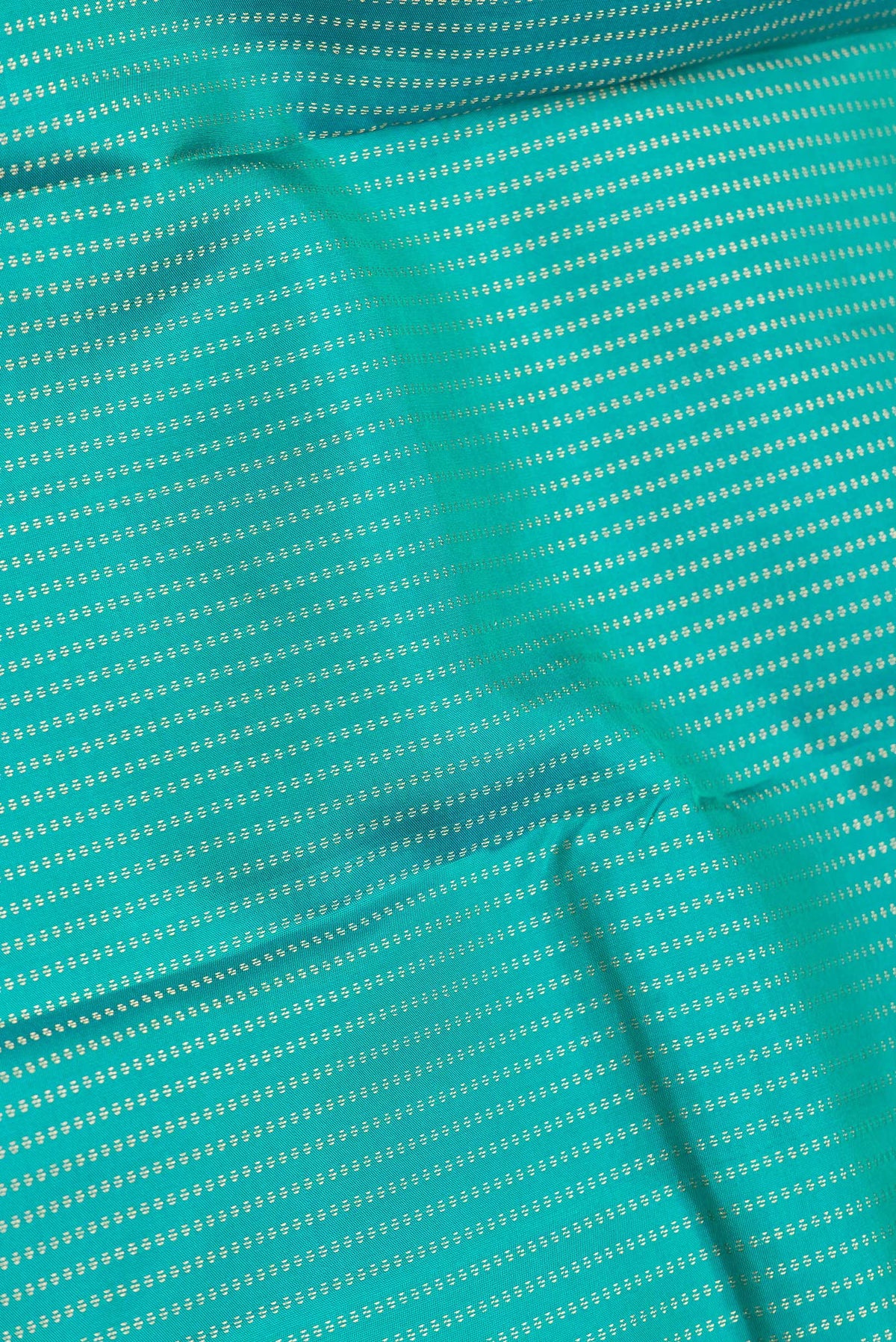 Close up of Green Dual Tone Kanchipuram Silk Saree with Stripes on the body and Zari Border.  displaying folds
