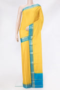 Yellow Dual Tone Mysore Silk Saree with Plain Body and Zari Border.  displayed on a mannequin