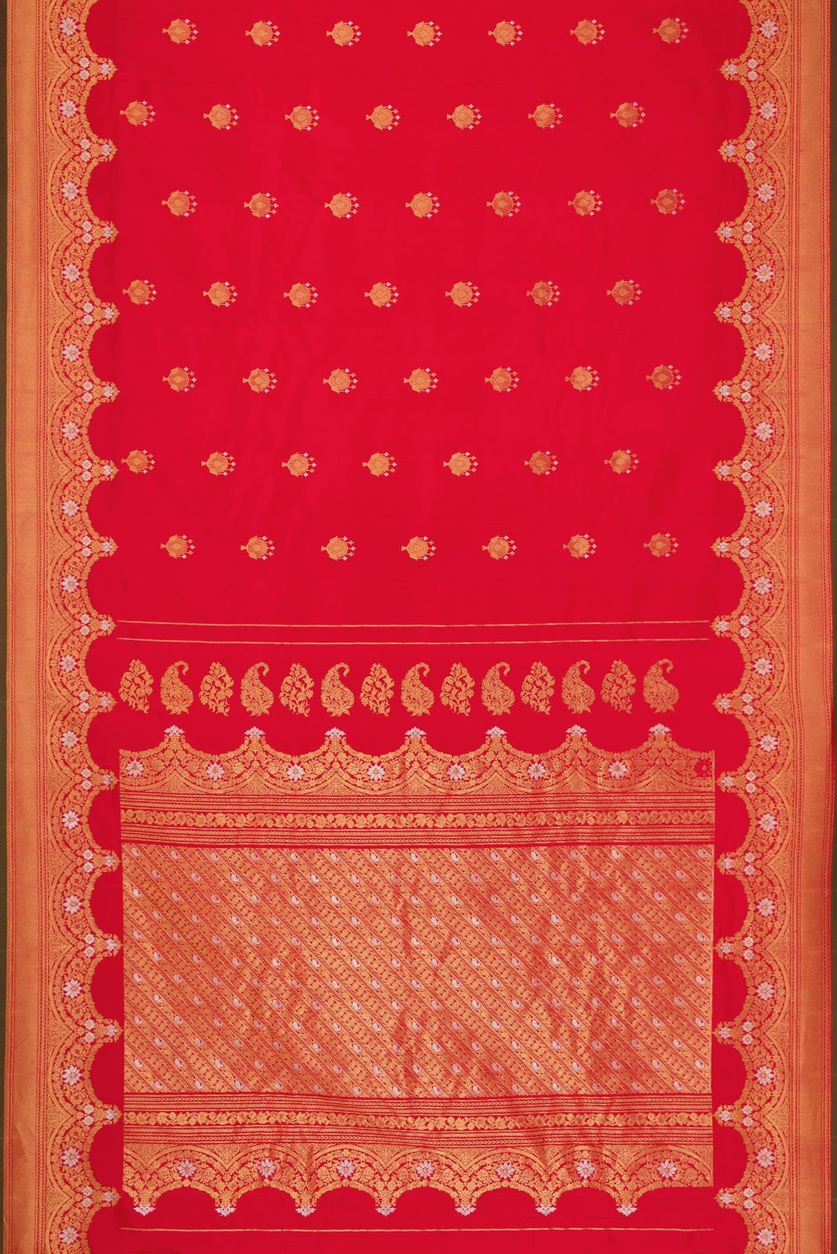 Flat view of Pure Silk Pure Zari Red Dual Tone Gadwal Saree with Zari Butta on the body and Zari Border. 