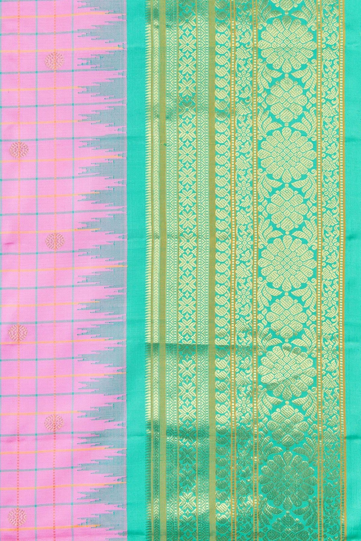Border image of Pink Dual Tone Gadwal Silk Saree with Checked design on the body and Temple Border. 